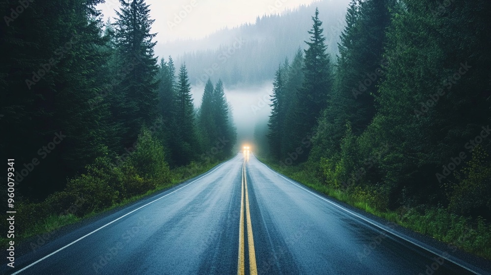 Road through foggy pine forest headlights piercing the mist Road through foggy pine forest headlights piercing the mist