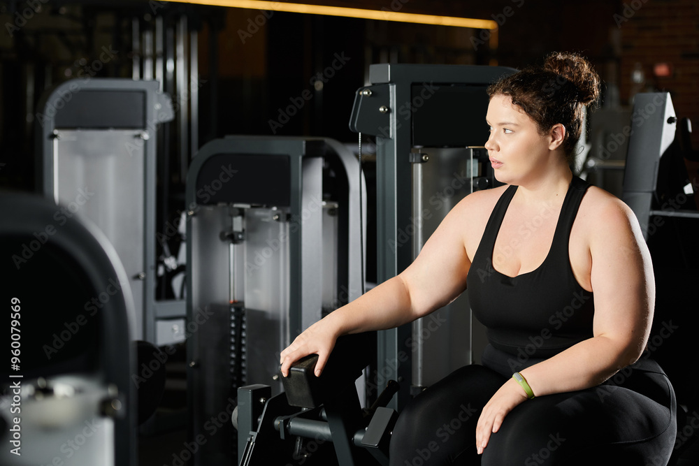 A plus-size woman focuses on her workout, promoting strength and self-acceptance in an energetic gym. A plus-size woman focuses on her workout, promoting strength and self-acceptance in an energetic gym.
