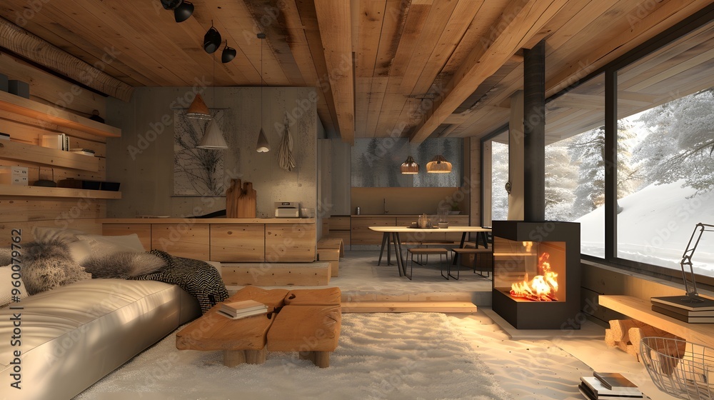 A minimalist rustic cabin with a roaring fireplace AI generated A minimalist rustic cabin with a roaring fireplace AI generated