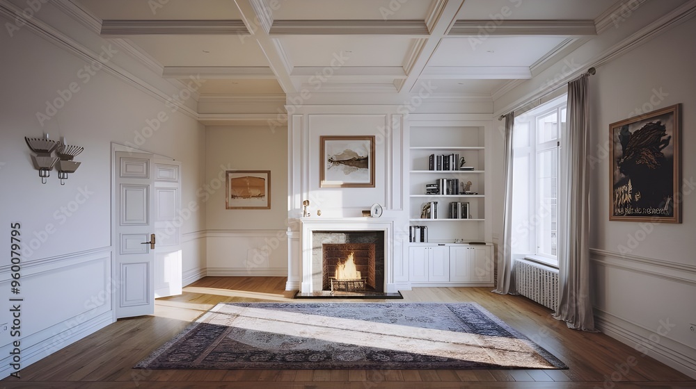 Fototapeta premium An empty classic white interior room with a fireplace. The room has a high ceiling and is illuminated by natural light streaming through a window. A rug and a few pieces of art hanged on the wall.