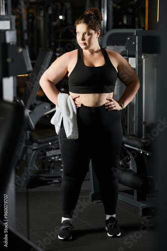 A confident young woman in activewear exercises, promoting body positivity at the gym.