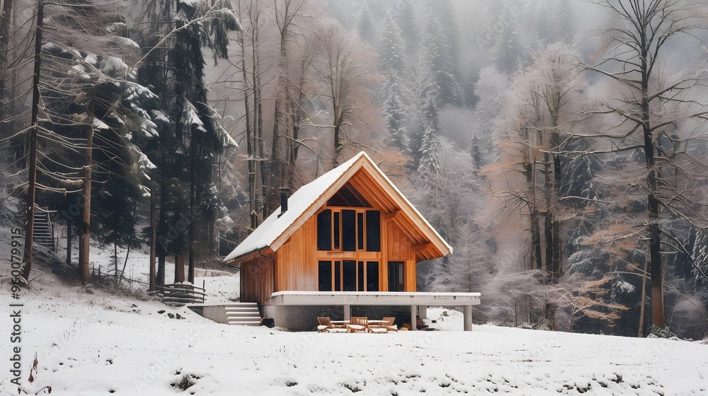 A minimalist rustic retreat nestled in the heart of a snowcapped forest AI generated A minimalist rustic retreat nestled in the heart of a snowcapped forest AI generated
