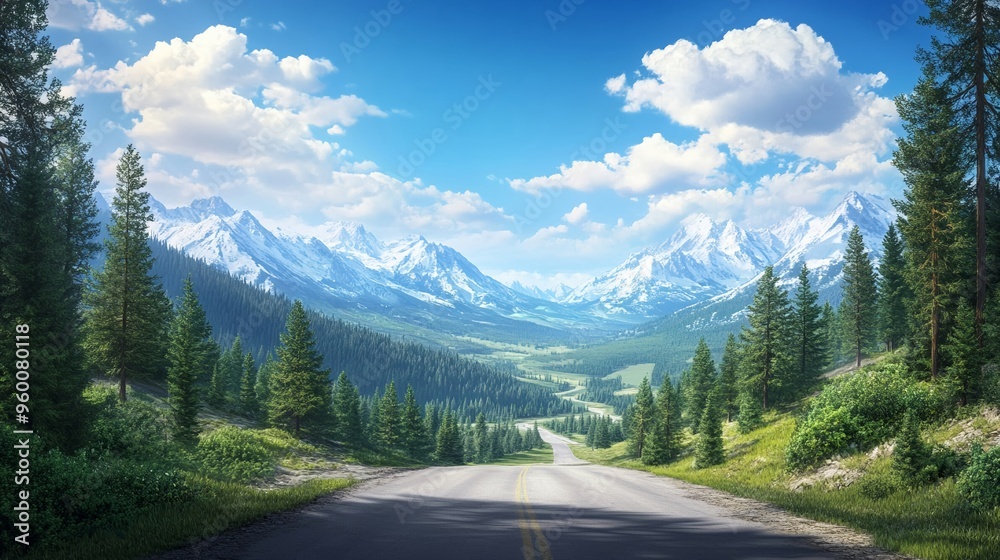 Road with a distant view of mountains pine trees framing the scene Road with a distant view of mountains pine trees framing the scene
