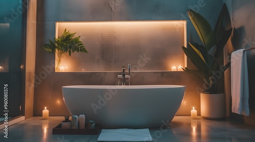 A modern minimalist spalike bathroom with a candlelit bath AI generated photo