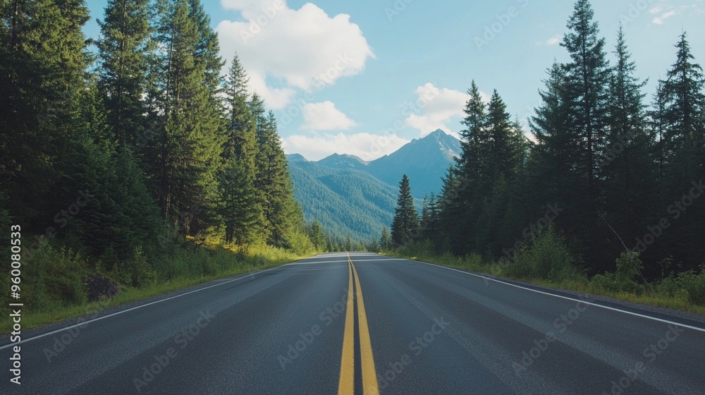 Fototapeta premium Road with pine trees and mountains in the background