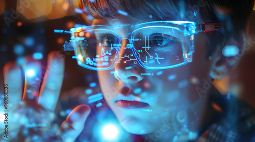 Wallpaper Mural A young boy wearing smart glasses intensely interacts with a futuristic digital interface. The image highlights advanced technology, innovation, and the future of learning and exploration. Torontodigital.ca