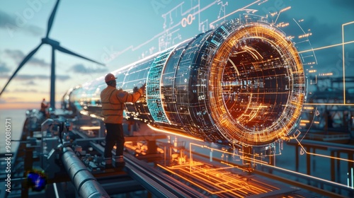 Hyper-realistic image of a pipeline inspection gauge bar being assembled onto a wind turbine at an offshore location, showcasing intricate mechanical details and abstract data overlays including
