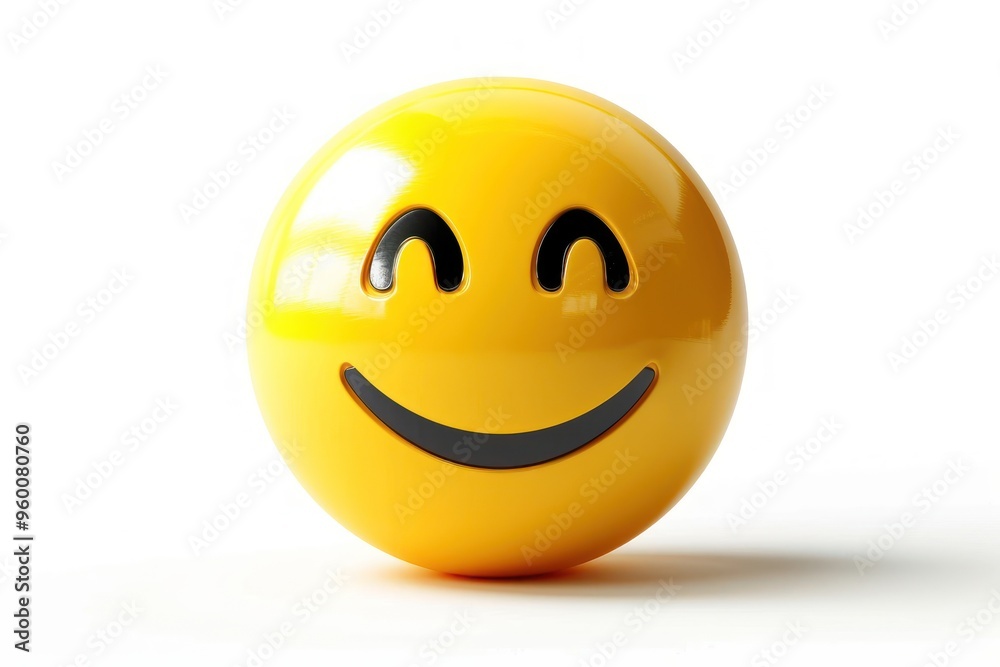 Fototapeta premium A bright yellow smiling face emoji icon realistic texture and depth