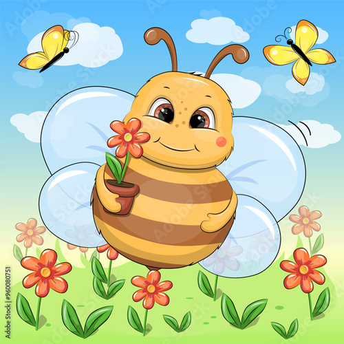 A cute cartoon bee with a flower pot is flying in a flower garden. Vector illustration of insects in nature.