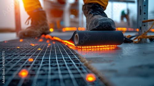 A close-up of a heating mat being rolled out onto the floor during the installation of an underfloor heating system. The image shows the precision of the installation with clear focus on the heating photo