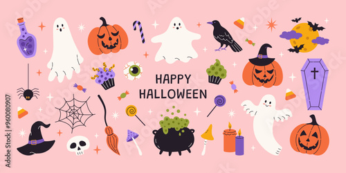 Halloween cute element set. Hat, ghost, bat, candy, fun pumpkins, witch's cauldron, spider. Perfect for stickers, greeting card, party invitation, poster. Hand drawn flat vector illustration.