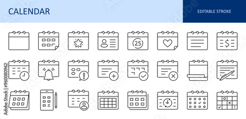 Vector icons calendar. Work and personal life planning, ogranizer and to-do list. Meeting dates vacation and birthday. Keep a diary and tax bill payment calendars. Editable stroke thin line set symbol