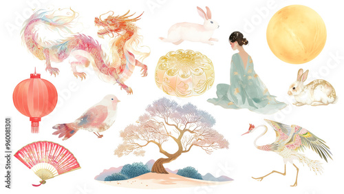 PNG mid-autumn Chinese festival element set, transparent background photo