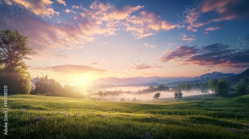 Scenic countryside with mist and sunrise Monday morning