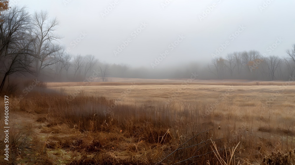 A quiet desolate field enveloped by a slowly rolling fog AI generated illustration A quiet desolate field enveloped by a slowly rolling fog AI generated illustration