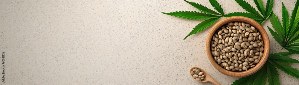 A vibrant arrangement of hemp seeds in a wooden bowl with green hemp leaves, perfect for health and wellness concepts. A vibrant arrangement of hemp seeds in a wooden bowl with green hemp leaves, perfect for health and wellness concepts.