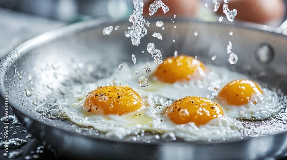 A trio of bright, fried eggs sprinkled with black pepper are sizzling in a frying pan while water droplets add a dynamic and refreshing element to the image, evoking sizzling flavors. A trio of bright, fried eggs sprinkled with black pepper are sizzling in a frying pan while water droplets add a dynamic and refreshing element to the image, evoking sizzling flavors.