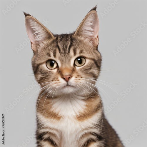 Adorable Tabby Cat Sitting on White Background