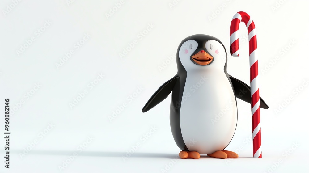 Fototapeta premium A cartoon penguin is standing next to a candy cane on a white background.