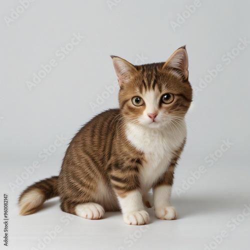Adorable Tabby Cat Sitting on White Background