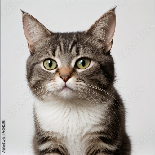 Adorable Tabby Cat Sitting on White Background