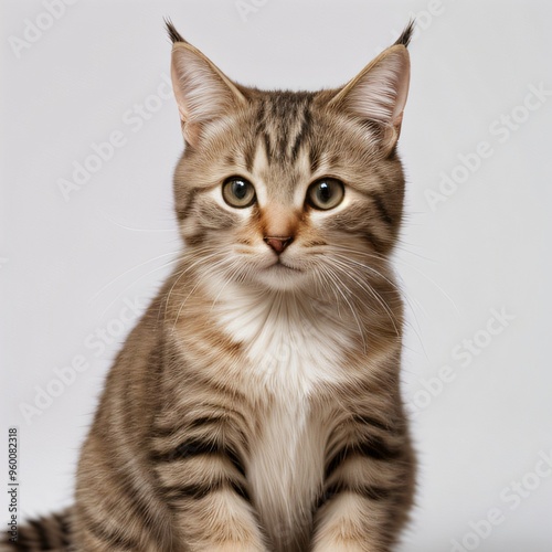 Adorable Tabby Cat Sitting on White Background