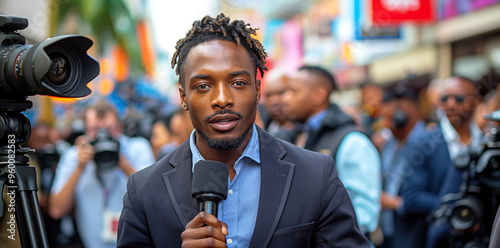 Black journalist in a suit holding a microphone is doing an interview on a crowd of people background