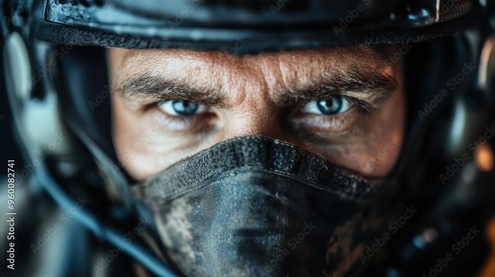 A close-up shot of a futuristic helmet showcasing intricate details and designs with dramatic shading, highlighting modern technology and engineering sophistication.