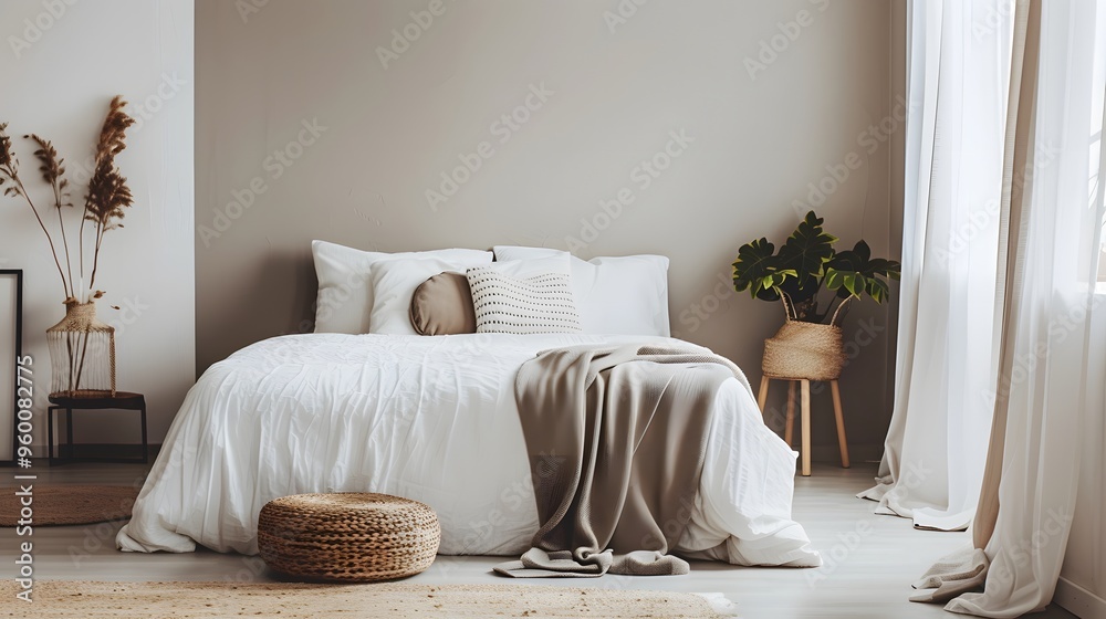 A simplistic minimalistic bedroom with a warm inviting bed AI generated illustration A simplistic minimalistic bedroom with a warm inviting bed AI generated illustration