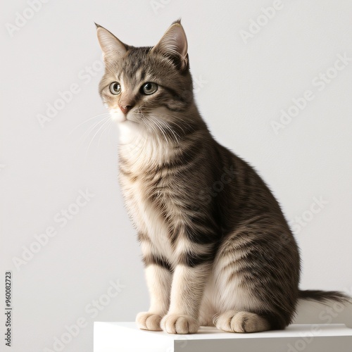 Adorable Tabby Cat Sitting on White Background