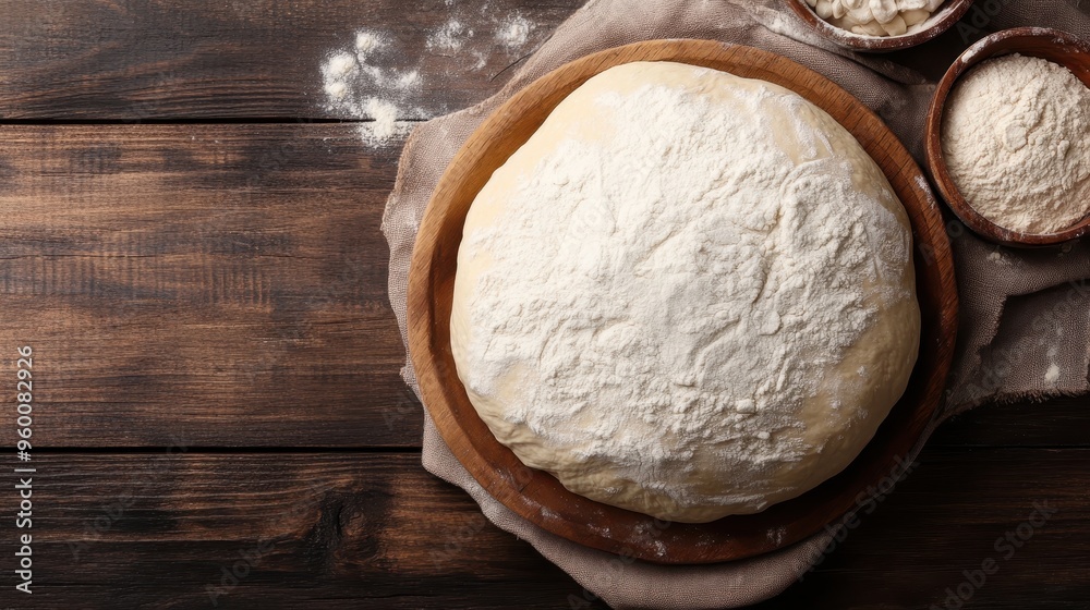 This image portrays freshly prepared dough on a wooden plate sprinkled with flour, highlighting the process and artistry of bread-making in a homely, rustic setting. This image portrays freshly prepared dough on a wooden plate sprinkled with flour, highlighting the process and artistry of bread-making in a homely, rustic setting.