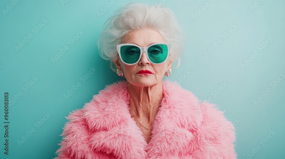A stylish elderly woman in a pink fur coat adorned with green sunglasses, embodying a fusion of retro chic and modern fashion with an air of confidence and grace. A stylish elderly woman in a pink fur coat adorned with green sunglasses, embodying a fusion of retro chic and modern fashion with an air of confidence and grace.