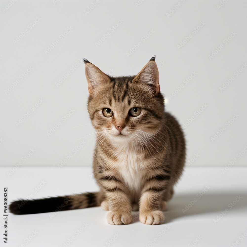 Obraz premium Adorable Tabby Cat Sitting on White Background