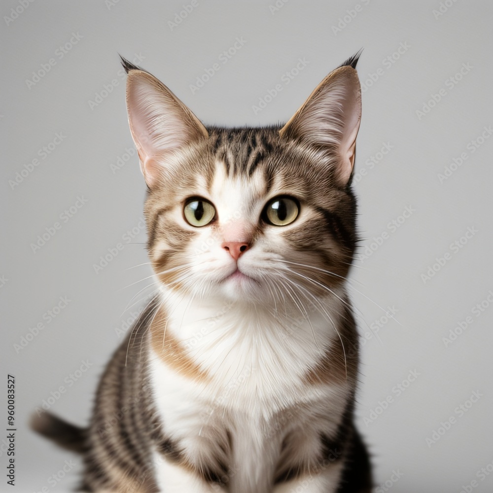 Adorable Tabby Cat Sitting on White Background