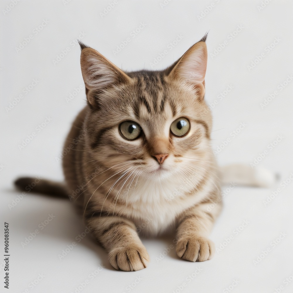Adorable Tabby Cat Sitting on White Background
