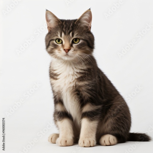 Adorable Tabby Cat Sitting on White Background