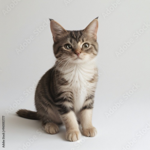 Adorable Tabby Cat Sitting on White Background
