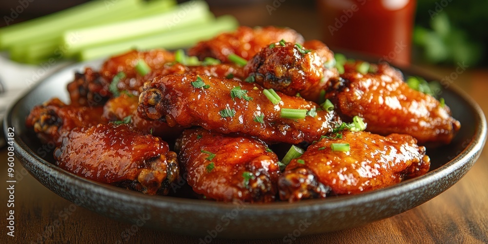 Close-up of Glazed Chicken Wings with Greenery in a Bowl