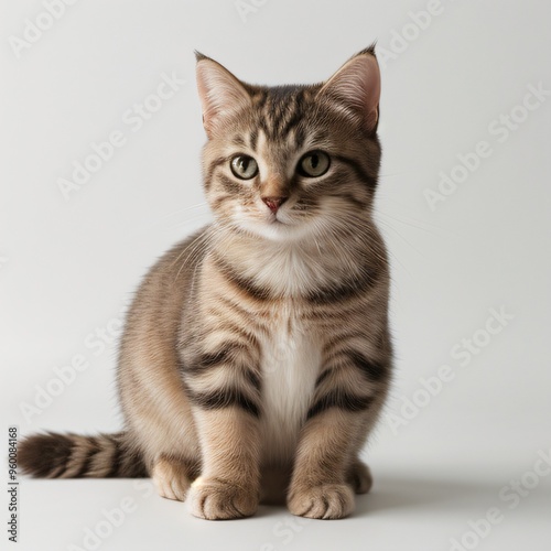 Adorable Tabby Cat Sitting on White Background