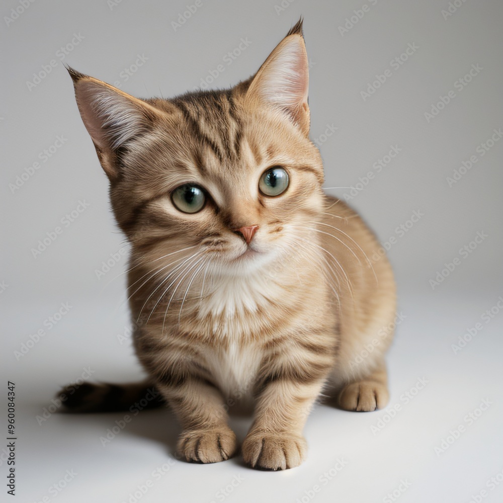 Obraz premium Adorable Tabby Cat Sitting on White Background