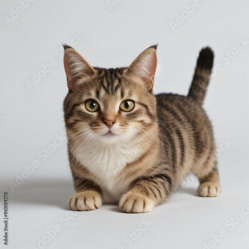 Adorable Tabby Cat Sitting on White Background