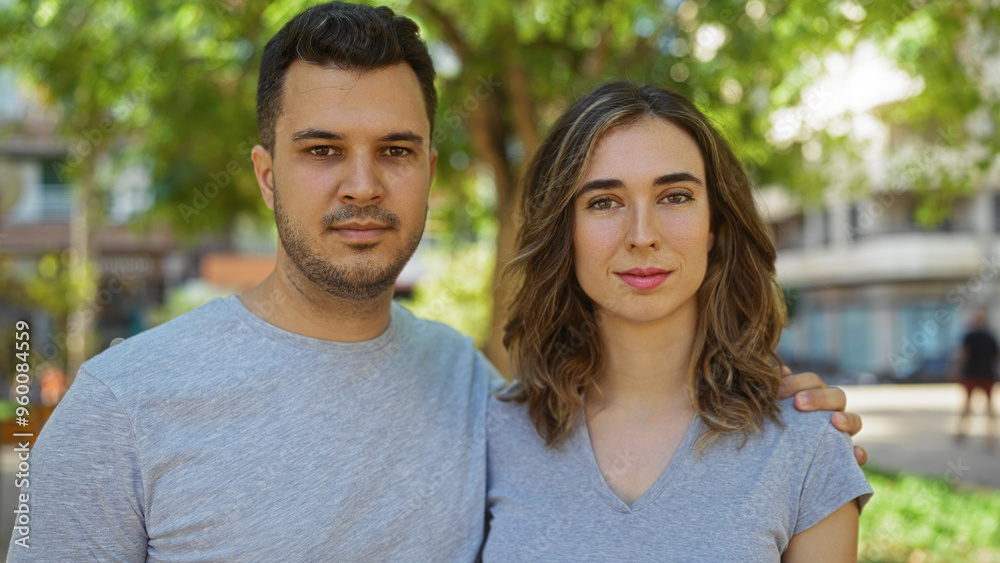 Man and woman standing together outdoors in an urban park setting, expressing love and unity Man and woman standing together outdoors in an urban park setting, expressing love and unity