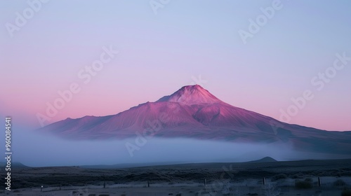 A soft pink mountain surrounded by a smoky blue sky AI generated illustration