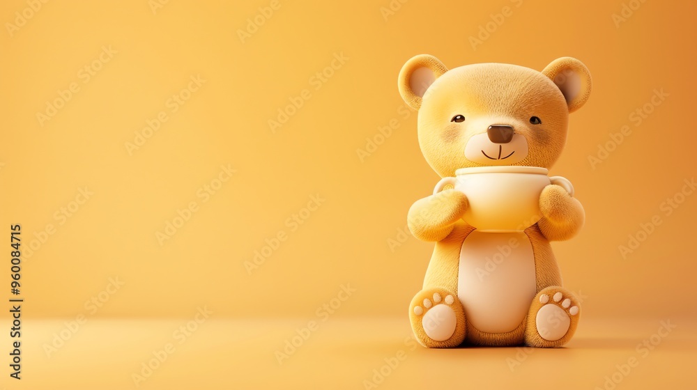A plush teddy bear holding a cup, on an orange background.