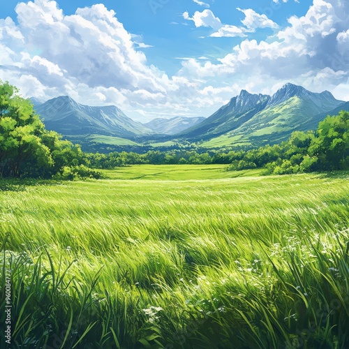 Serene Watercolor Landscape of Green Grasslands and Distant Hills