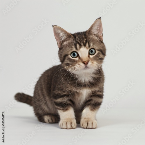 Adorable Tabby Cat Sitting on White Background