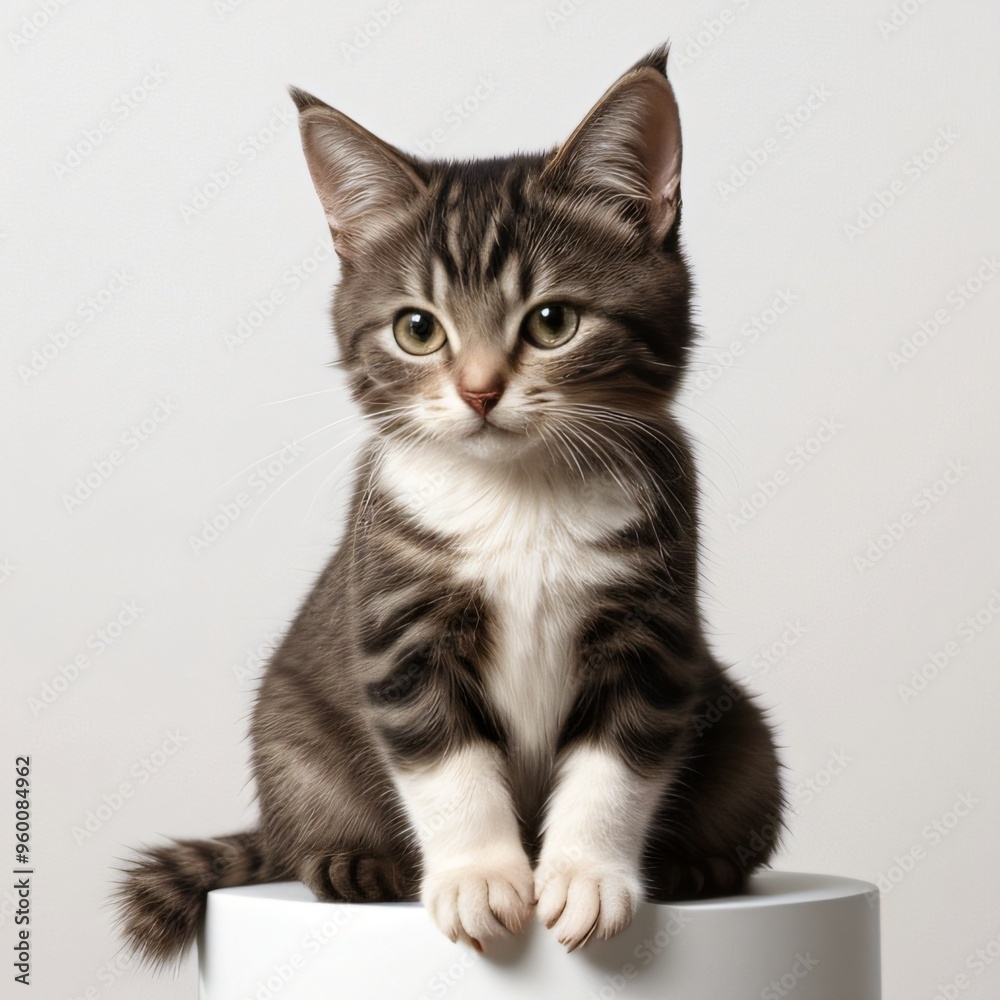 Fototapeta premium Adorable Tabby Cat Sitting on White Background
