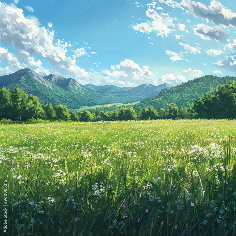 Serene Watercolor Landscape of Green Grasslands and Distant Hills