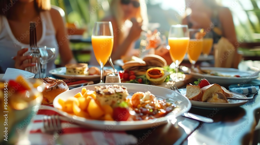 A table is set for brunch with fruit, pastries, and drinks. A table is set for brunch with fruit, pastries, and drinks.