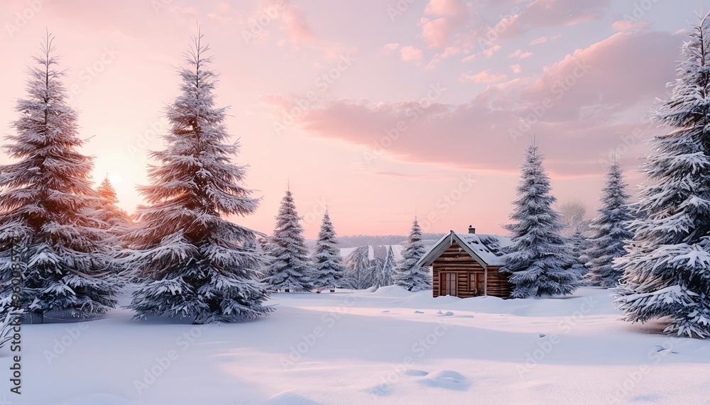 Obraz premium Winter wonderland scene with snow-covered pine trees, a small wooden cabin in the distance, and a soft pink sunset sky